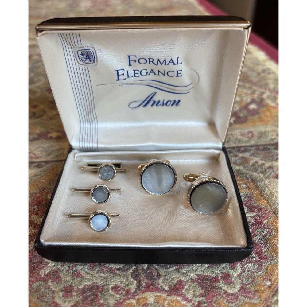 Vtg Anson Formal Elegance Set Gold-Tone MOP Cufflinks, 3 Studs Box, Excellent